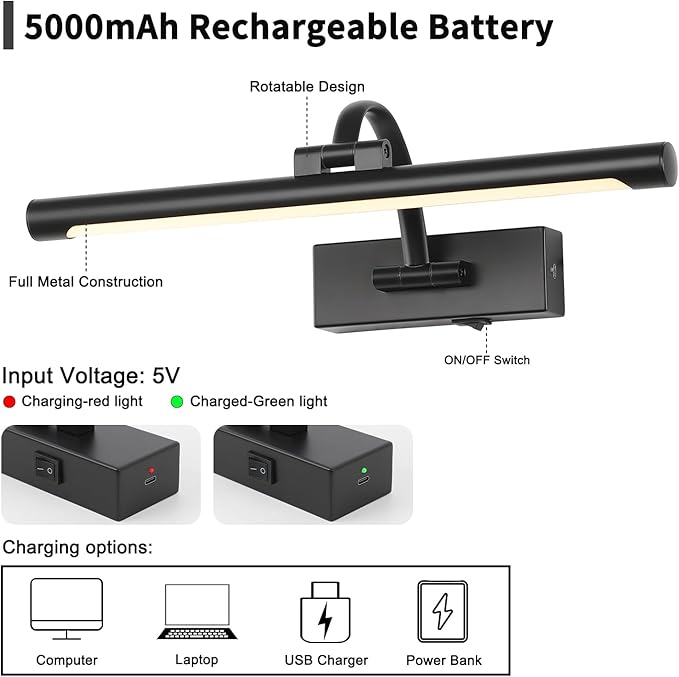 Picture Lights Battery Operated with Remote and Dimmable Function, Rechargeable Gallery Light Black Art Light Wireless Painting Lights 16'' Inch for Display, Portrait, Artwork, Warm White-Ruum Studio Home