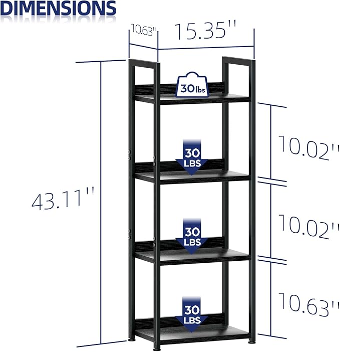 NUMENN Narrow Bookshelf, 4 Tier Bookshelves, Home Office Bookcase Shelf Storage Organizer, Free Standing Storage Shelving Unit for Bedroom, Living Room and Home Office, Black-Ruum Studio Home