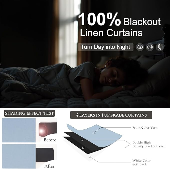 Light Blue Blackout Curtains 90 Inches Long for Bedroom 2 Panel Set Thermal Insulating Room Darkening Draperies for Living Room Black Out Linen Drapes Winter Cold Blocking Grand Millenial 52x90 Length-Ruum Studio Home
