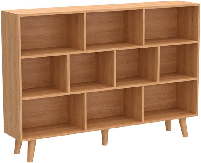 IOTXY Wooden Open Shelf Bookcase - 3-Tier Floor Standing Display Cabinet Rack with Legs, 10 Cubes Bookshelf, Pear Yellow-Ruum Studio Home