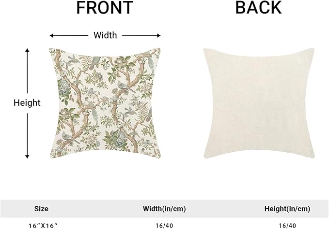 CXMEIFLY Chinoiserie Spring Pillow Covers 16 x 16 Inch Set of 2 for Sage Green Blue Vintage Flowers Bird Decor Throw Pillows Plant Farmhouse Outdoor Decorative Cushion Cases for Couch Bed Decorations-Ruum Studio Home