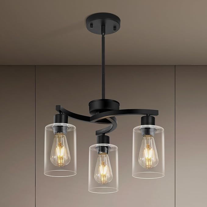 3 Light Modern Dining Chandeliers Over Table，Black Light Fixture for Dining Room，Farmhouse Chandelier with Glass Shade，Industrial Pendant Lighting for Kitchen Island，Foyer,Hallway, Bedroom-Ruum Studio Home
