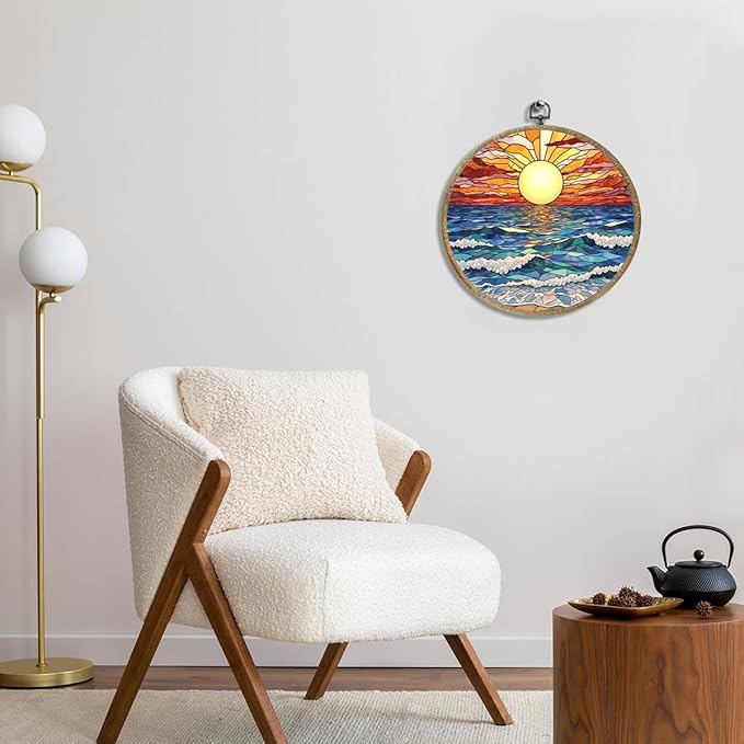 Colorful Boho Waves on The Beach Sunset Gifts for Sunset Lovers Framed Round Wall Decor Canvas Wall Art Hanging Prints Artwork for Home Nursery Bathroom Bedroom Living Room Decorations 10.2X10.2 Inch-Ruum Studio Home