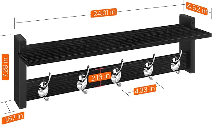 Homode Coat Rack Wall Mount with Shelf, 24" Long Entryway Shelf with Hooks Underneath, Wooden Coat Hanger for Hanging Hats, Bathroom Towels, Clothes, Black-Ruum Studio Home