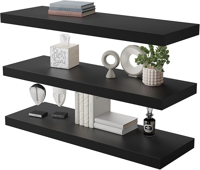 Large Floating Shelves for Wall Set of 3 Wooden Wall Shelves 30 in x 12.75 in x 2 in Room Decor Long Shelf with Invisible Wall Mount Bracket for Bedroom Kitchen Living Room Black-Ruum Studio Home