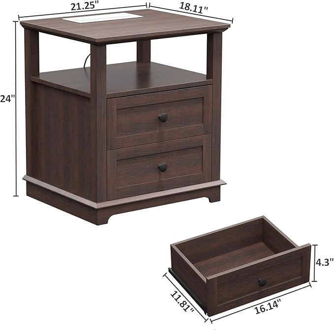 HIFYOBRO 24" Tall End Table with 2 Drawers and Charging Station, Type-C & USB Port & Power outlets, Wooden Storage Cabinet, 21" W Large Side Table with Storage for Living Room and Bedroom (Espresso)-Ruum Studio Home