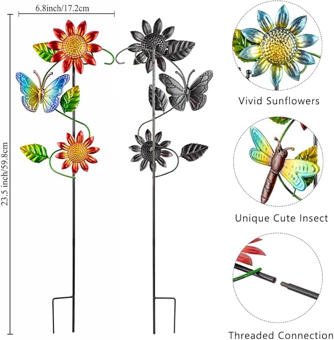 3 Pcs Sunflower＆Butterly＆Ladybug＆Dragonfly Decorative Garden Stakes,23.5 in Metal Sunflower Yard Art for Outside Decor,Spring Outdoor Decor for Mom,Women,Grandma-Ruum Studio Home