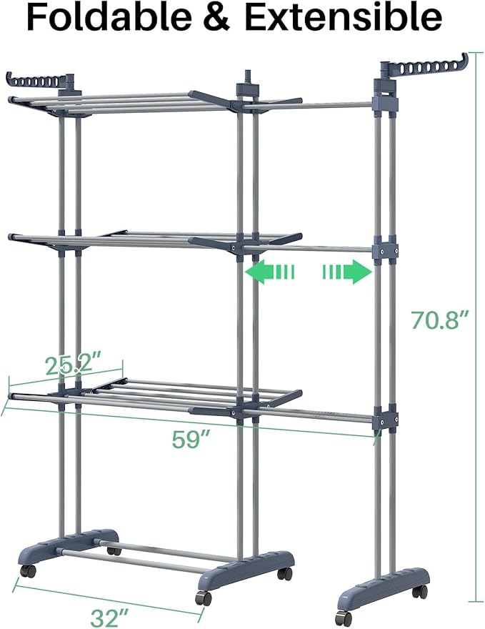 Kitstorack Clothes Drying Rack - Foldable Movable Clothes Rack Drying 30.0" W to 59.0" W Extensible Drying Rack Clothing Oversized 4-Tier Stainless Steel Large Clothes Rack Drying Indoor and Outdoor-Ruum Studio Home