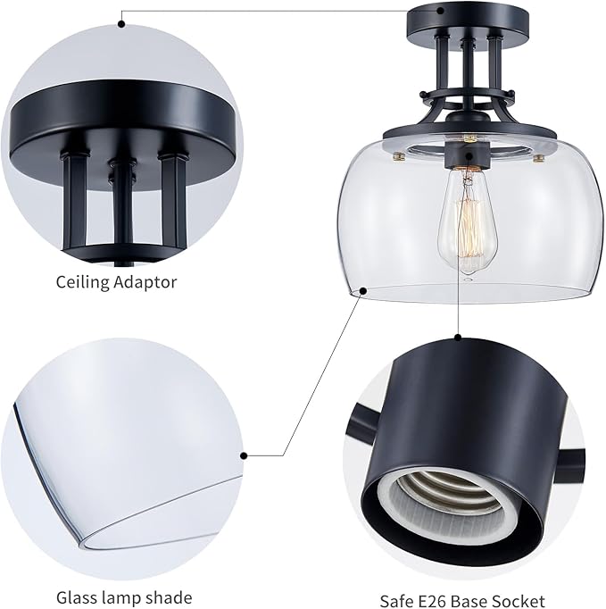 WUZUPS Chandelier Rustic Farmhouse Industrial Round Semi-flushmount Ceiling LED Light Fixture with Clear Glass Shades for Bathroom Kitchen Foyer Entryway, H 10" x W 10", E26 Base, Black-Ruum Studio Home