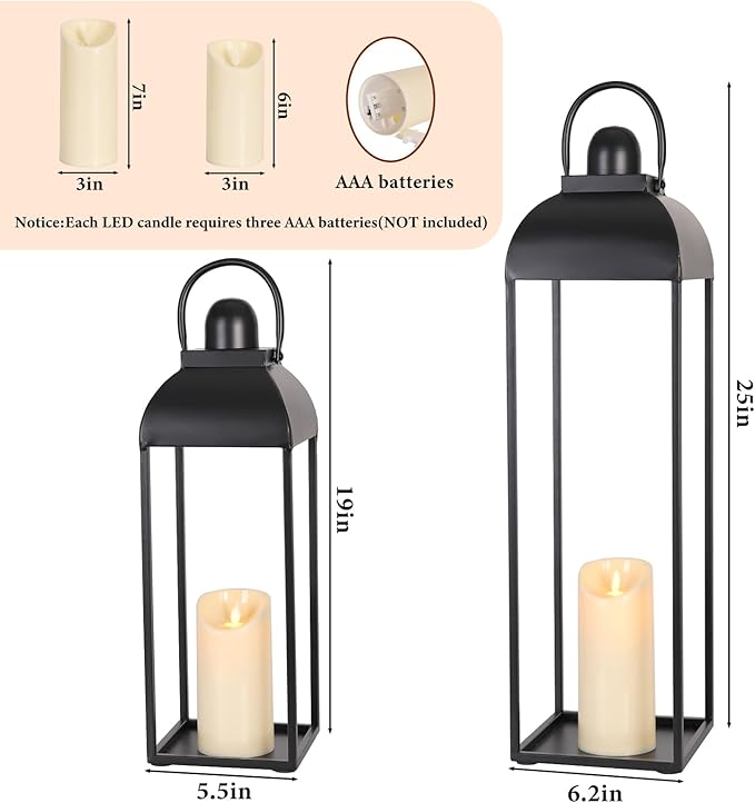 25'' 19'' Lanterns Decorative Outdoor Indoor, Black Metal Outdoor Candle Lanterns, Set of 2 Modern Farmhouse Decorative Lantern for Fireplace, Patio, Porch, Floor, Halloween Lantern (No Glass)-Ruum Studio Home
