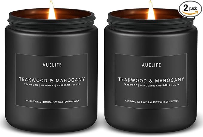 2 Pack Teakwood & Mahogany Candle | Scented Candles for Men, Man Gifts for Men - Masculine Candles - Soy Candle for Home Scented - 7oz Black Jar, Long Lasting-Ruum Studio Home
