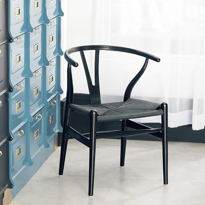 Wishbone Chair, Solid Wood Armrest Woven Seat Chair, Kitchen & Dining Chair, Wishbone Y Black Chairs - Set of 2 (Ash Wood - Black)-Ruum Studio Home