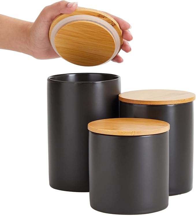 Farmlyn Creek Set of 3 Matte Black Kitchen Canister with Airtight Wooden Bamboo Lids, Kitchen Counter Containers, Food Storage Jars, Ideal for Storing Sugar, Coffee and Other Dry Goods, (3 Sizes)-Ruum Studio Home