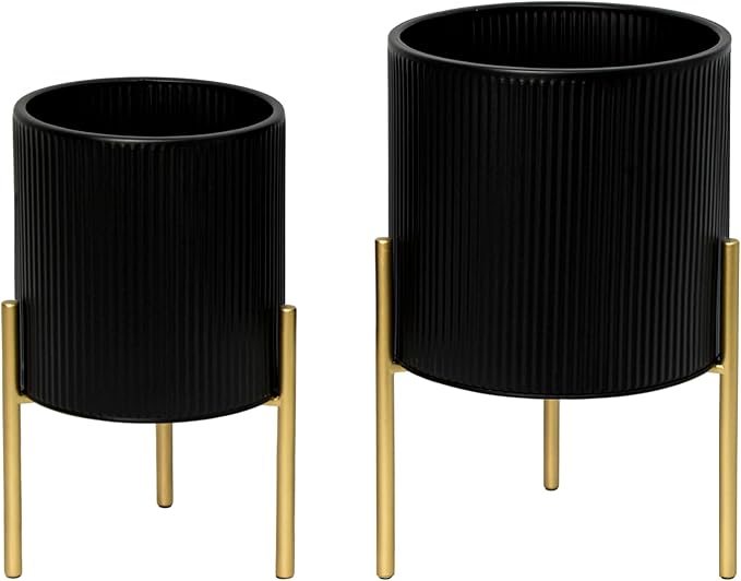 ARNIS Modern Planter Pots, Set of 2 Round Large Planters with Stand, Decorative Planters, Metal Pots with Drainage Holes for Living Room, Office, Garden or Balcony, 8.25 &10.5 Inch, Black & Gold-Ruum Studio Home