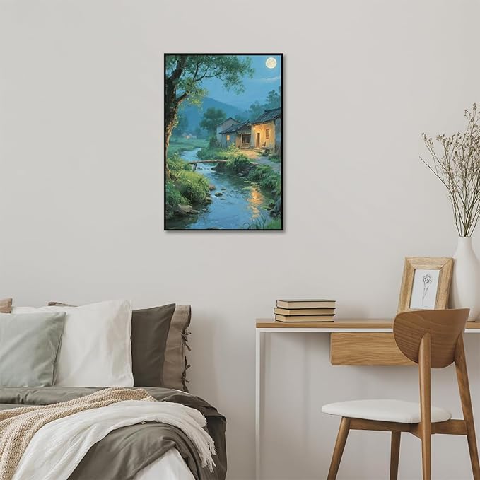 Moonlight under the big tree creek cabin scenery is suitable for posting in the living room bedroom office scenery poster wall painting-Ruum Studio Home