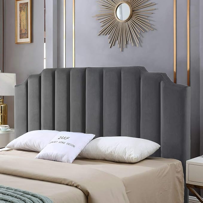 24KF Dark Gray Velvet Tufted King Upholstered Headboard, Modern Vertical Channel Design California King Headboard with Stepped Silhouette Top Edge,Dark Gray-Ruum Studio Home