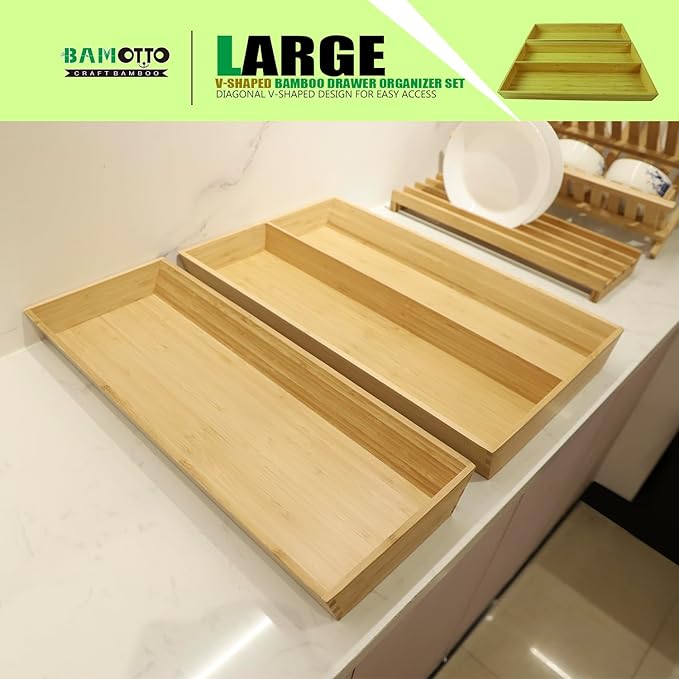 2-Piece V-Shaped Bamboo Drawer Organizer - Ideal for Kitchen's Large Long Tableware, Cooking Utensils, Flatware, Silverware - Wood Storage Box for Home, Bedroom, Bathroom (19.6"x12.4" & 19.6"x7.8")-Ruum Studio Home
