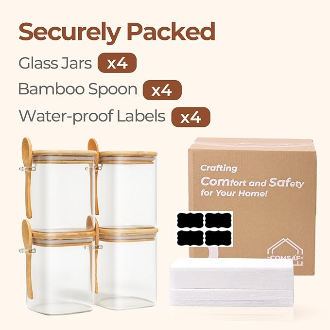 ComSaf 0.8 Qt Glass Jars with Bamboo Lids & Spoons Set of 4, Square Glass Containers with Lids, Sugar Coffee Containers Salt Spice Jars, Pantry Storage Container for Loose Tea, Candy, Brown Sugar, Nut-Ruum Studio Home