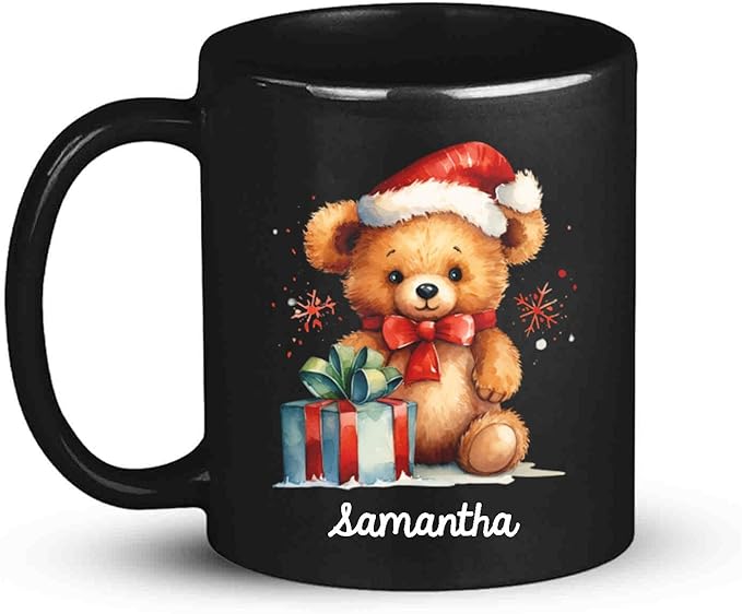 Custom Name Xmas Teddy Bear Cup, Personalized Christmas Teddy Bear Mug, Black Mug With Santa Hat Design - 11oz & 15oz, Gift For Men & Women-Ruum Studio Home