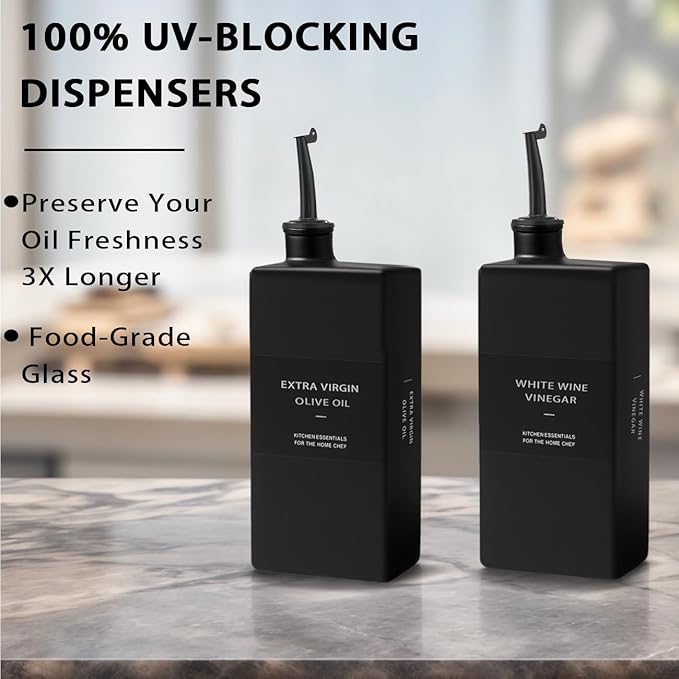 Olive Oil Dispenser Bottle for Kitchen 16.9oz, Glass Oil Bottles and Vinegar Dispenser Set, Decorative Avocado Oil Dispenser Set (Black, Set of 2)