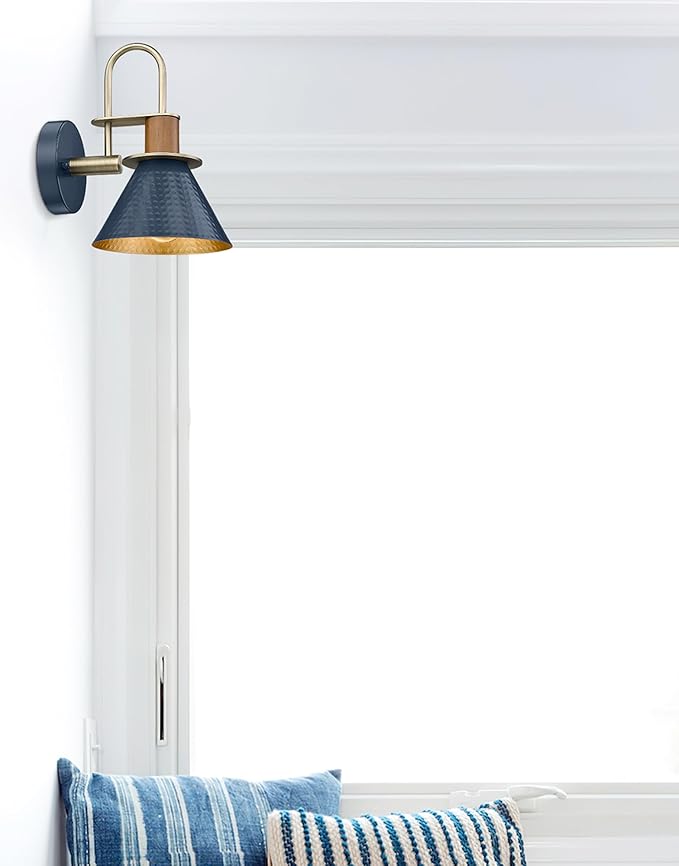 Modern Wall Sconces, HWH Industrial Sconce Wall Lighting Indoor Wall Lamp, Gooseneck 1-Light Barn Vanity Light for Kitchen Bedroom, Hammered Metal Shade, Navy Blue Finish, 5HZG74B-L BL+BG-Ruum Studio Home