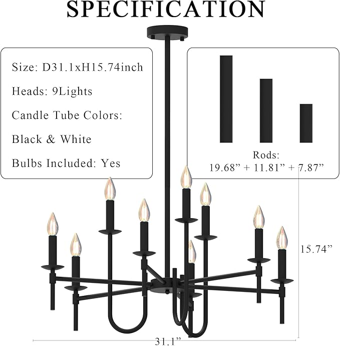 Farmhouse Black Chandelier, Modern Candle Hanging Lamp, Round LED Ceiling Pendant Lights for Kitchen Island Living Room Bedroom Dining Room (Black-B 9Lights)-Ruum Studio Home