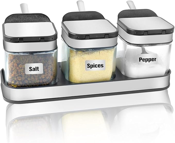 XIUDI Condiment Seal Jar Spice Container with Lids and Spoons，Clear Glass Condiment Canisters Pots Seasoning Box Salt Container Sugar Bowl Set of .Used in Kitchen, Coffee Table,Set of 3-Ruum Studio Home