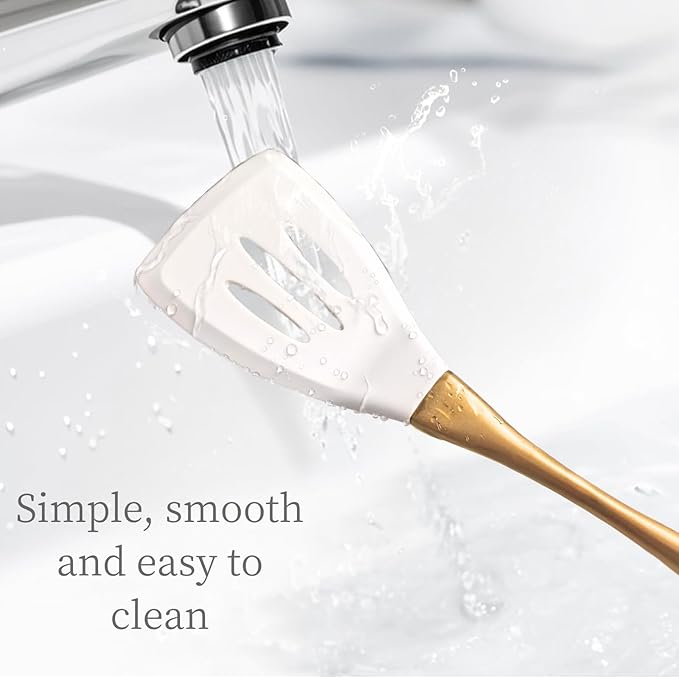 Heat-Resistant Silicone Kitchen Spatula Set – Non-Toxic Cooking Utensils with Solid & Slotted Designs –Food Grade Silicone and Stainless Steel Handles –Ideal for Nonstick Cookware, Gold-Ruum Studio Home