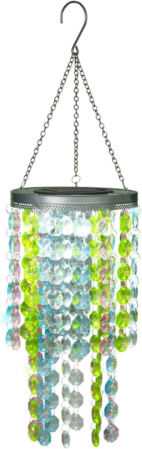 Hanging Solar Lantern Outdoor, 2 Tiers 21” Solar Multicolor Acrylic Beaded Chandelier with Cool White LED S Hooks for Garden Yard Patio Gazebo Outside Decor-Ruum Studio Home