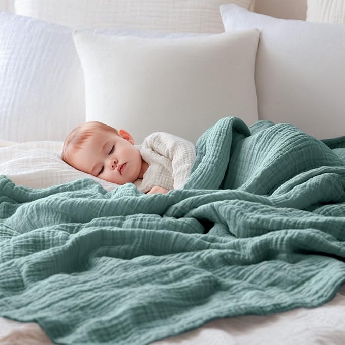 EMME Muslin Baby Blankets 100% Cotton 4-Layer Swaddle 40"x50" Lightweight Soft Breathable for Toddler, Infant, Newborn All Season Gauze Blanket, Teal-Ruum Studio Home