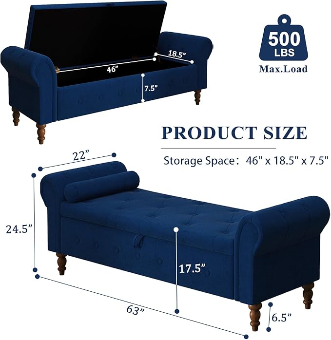 Storage Ottoman Bench for Bedroom, 63" End of Bed Bench with Rolled Arms Upholstered Ottoman Bench Fit for Bedroom, Living Room, Entryway, Velvet Navy Blue-Ruum Studio Home