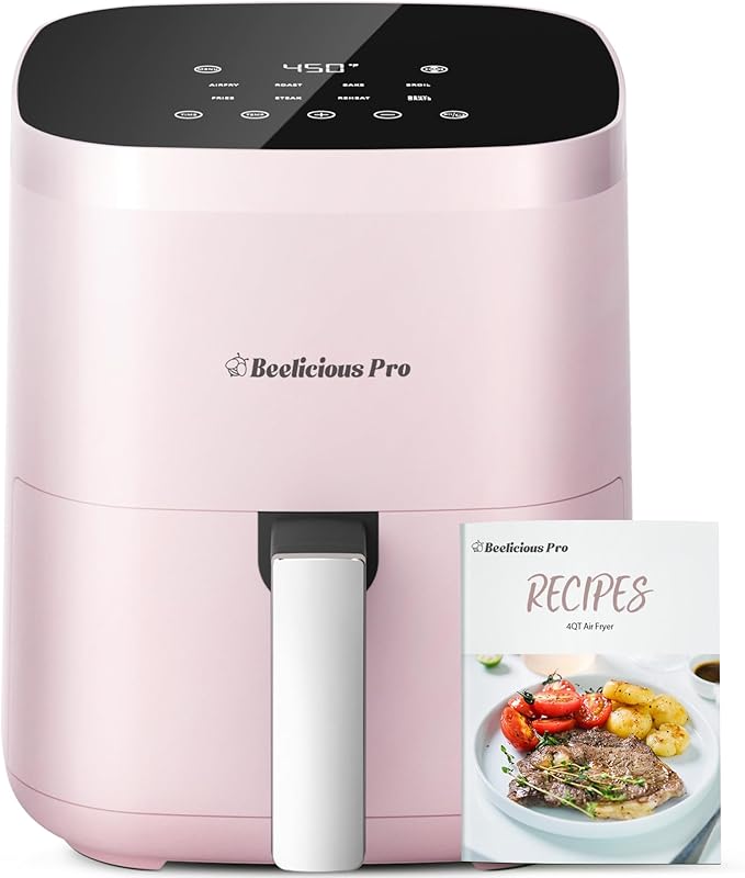 Air Fryer, Beelicious 8-in-1 Smart Compact 4QT Air Fryers, Shake Reminder,450°F Digital Airfryer with Flavor-Lock Tech, Tempered Glass Display, Dishwasher-Safe & Nonstick, Fit for 1-3 People, Pink-Ruum Studio Home