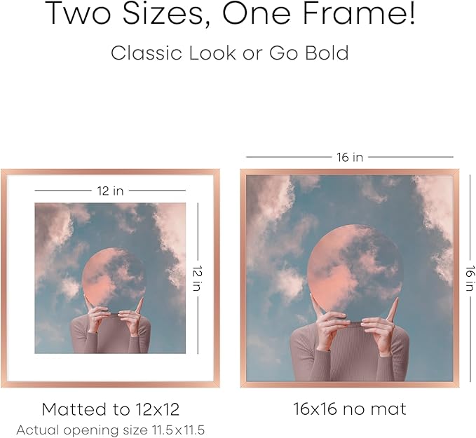 Homeforia 16x16 Picture Frame Rose Gold, High End Metal 16 x 16 Square Poster Frame with Mat 12 x 12 Photo, 16x16 Frame Matted to 12x12 Print, 16by16 Hanging Frames, Tempered Glass, Wall Kit, Set of 1-Ruum Studio Home