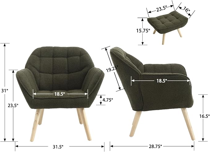 Modern Sherpa Accent Chair with Ottoman Set of 2, Fluffy Upholstered Lounge Chair with Footrest, Comfy Living Room Side Boucle Armchair for Small Space Bedroom, Green-Ruum Studio Home