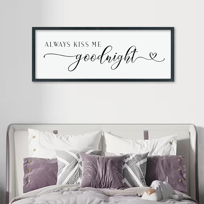 comurdyo Always Kiss Me Goodnight Sign for Bedroom Above bed Wall Decor 40''×15'' Large Wood Frame For Couples Over Bed Hanging Wall Art (Black)-Ruum Studio Home
