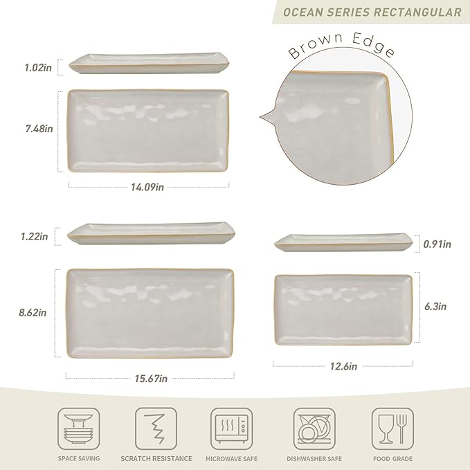 famiware Serving Platter, Rectangular 15.67/14.1/12.6 inch Serving Dishes for Entertaining, Microwave Dishwasher Safe, Stonware Serving Trays for Party, Turkey, Cheese, Ocean Series, Cappuccino White-Ruum Studio Home