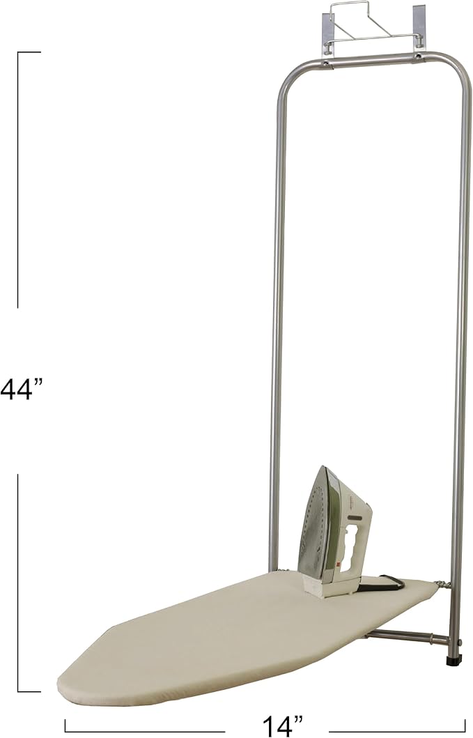 Household Essentials 144222 Over The Door Small Ironing Board with Iron Holder, Natural Cotton Cover Silver-Ruum Studio Home