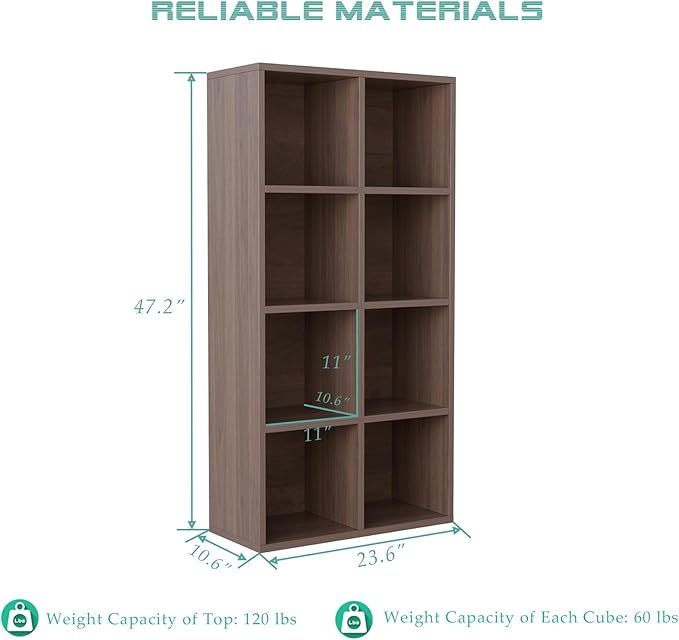 8-Cube Storage Shelf Bookcase - Wooden 4-Tier Floor Standing Open Bookshelf for Home and Office, Cuby Orgainzer, Walnut-Ruum Studio Home