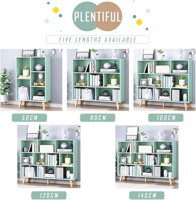 IOTXY Wooden Open Shelf Bookcase - 3-Tier Floor Standing Display Cabinet Rack with Legs, 10 Cubes Kids Bookshelf, Tiffany-Green-Ruum Studio Home