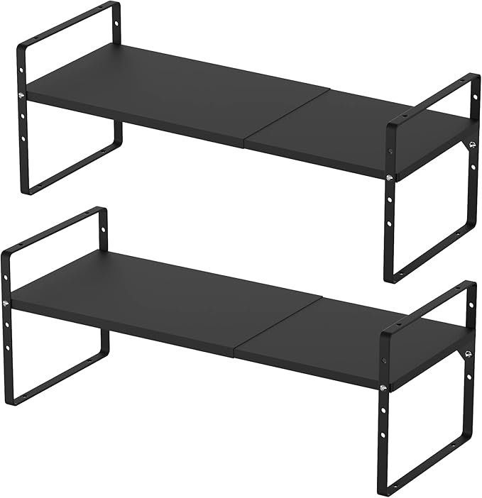 iPEGTOP 2 Pack Expandable Cabinet Storage Shelf Organizer Rack, Heavy Duty Steel Metal Spice Rack Adjustable Height Office Garage Pantry Shelf Space Riser for Counter Kitchen Organization, Black-Ruum Studio Home