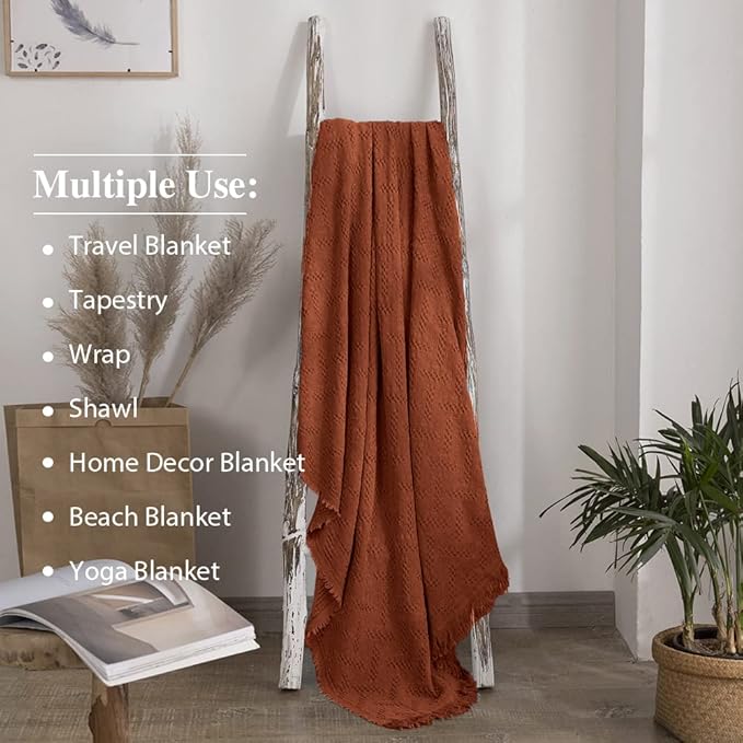 Simple&Opulence 100% Cotton Throw Blanket for Bed, Couch, Boho Luxury Geometric Woven Blanket with Tassels Soft Lightweight Cozy Breathable, Vintage Farmhouse Decoration for All-Season(Rust Orange)-Ruum Studio Home