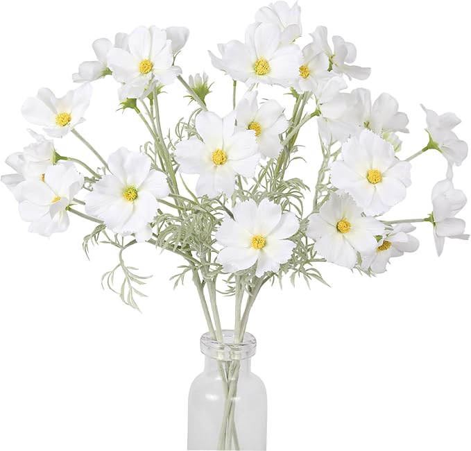 IPOPU White Daisy Flowers Artificial Cosmos 5PCS White Fake Wildflowers 24.5" Silk Flowers with Stems for Home Decor Indoor Artificial Daisies for Wedding Bouquets Floral Craft-Ruum Studio Home
