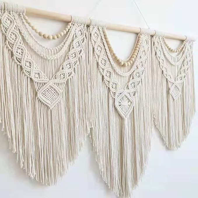 guzhiou large macrame wall hanging - Boho Tapestry Macrame Wall Decor Art- Chic Bohemian Handmade Woven Tapestry Home Decoration for Bedroom Living Room Apartment Wedding Party - 43"x32" (Wood bead)-Ruum Studio Home