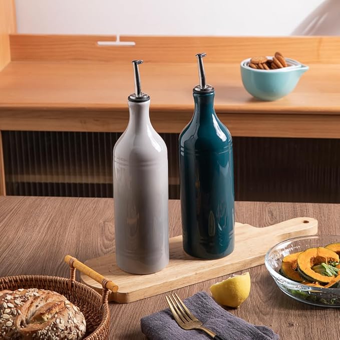 Sweejar Large Ceramic Olive Oil Dispenser Bottle, Opaque Oil Cruet Protects Oil to Reduce Oxidation, Suitable for Storage Oil, Vinegar, Soy Sauce & Other Liquids, Pack of 1, 24 Fl Oz (Teal Green)-Ruum Studio Home