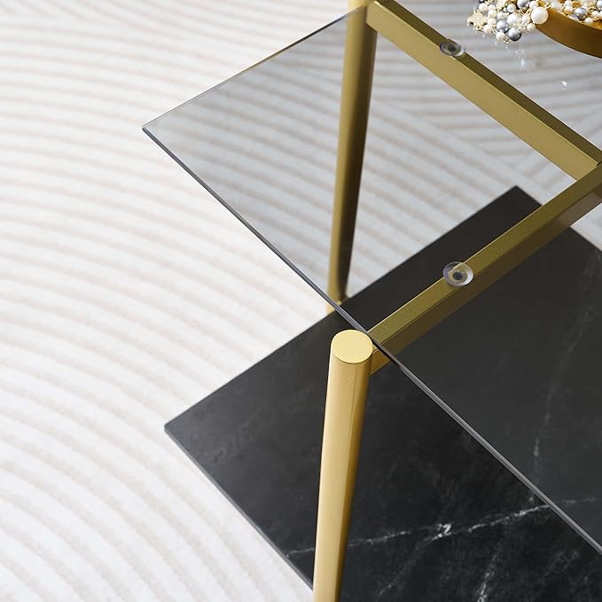 Glass End Table, Mid-Century Modern Design Sofa Table, for Living Room, L18 x W18 x H23 in, Clear Glass Top and Walnut MDF Shelf, Sleek Conical Metal Legs with Gold Finish Frame-Ruum Studio Home