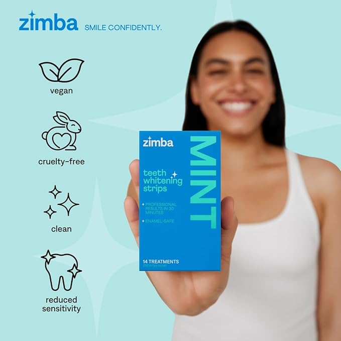 Zimba Teeth Whitening Strips Vegan Whitening Strip Enamel Safe Teeth Whitening Hydrogen Peroxide Teeth Whitener for Coffee, Wine, Tobacco, and Other Stains, 28 Strips (14 Day Treatment), Mint-Ruum Studio Home