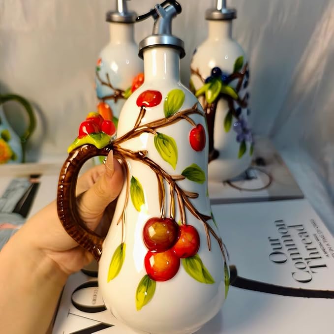 18 Oz Hand Painted Relief Ceramic Olive Oil Bottle Dispenser for Kitchen, Oil and Vinegar Bottle, Seasoning Bottle with Stainless Steel Nozzle, 540mL Oil Container with Handle for Cooking, Light Proof-Ruum Studio Home