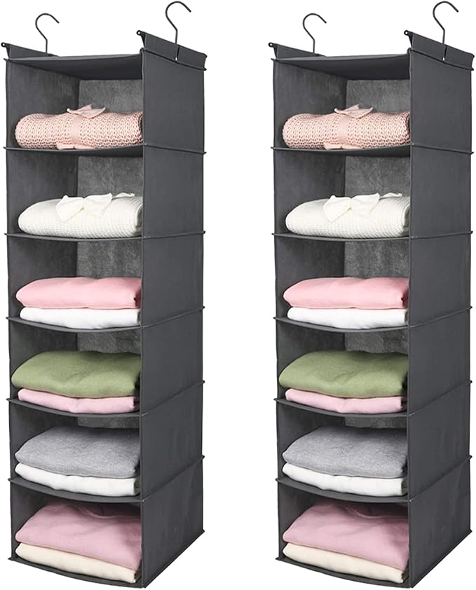 MAX Houser 6 Tier Shelf Hanging Closet Organizer, Closet Hanging Shelf with 2 Sturdy Hooks for Storage,2 Pack, Foldable (Grey)-Ruum Studio Home