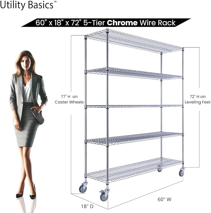 60"x18"x72" Chrome 5-Tier PREMIUM Wire Shelving NSF 4000 LBS MAX CAPACITY Heavy Duty Steel Storage Rack for Warehouses, Garages, Hospitals, Commercial Spaces, & Schools w/PREMIUM WHEELS-Ruum Studio Home