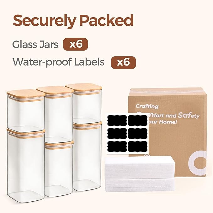 ComSaf Airtight Glass Storage Canister with Lids (0.7Qt/1.2Qt/1.6Qt) Set of 6, Food Storage Container Kitchen Pantry Storage Jar, Glass Jars for Flour Cereal Sugar Tea Coffee Beans Snacks, Square-Ruum Studio Home